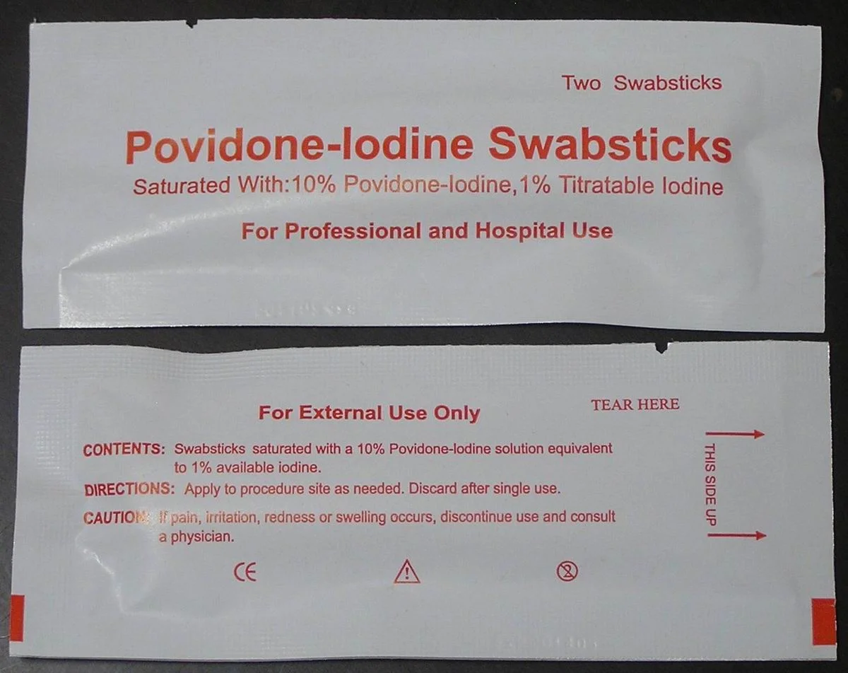 Individually sealed povidone-iodine swabstick sachet (10% povidone-iodine, 1% titratable iodine) — for professional and hospital use.